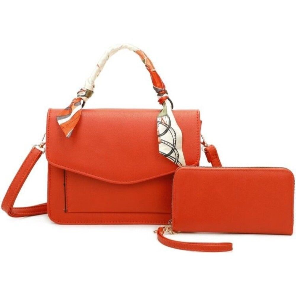 Orange Scarf Satchel for Women Top Handle With Wallet Two Piece Set